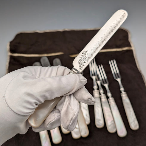 Late 19th Century British Antique Mother of Pearl Handle Tea Cutlery 5.5 Pair Christopher Johnson